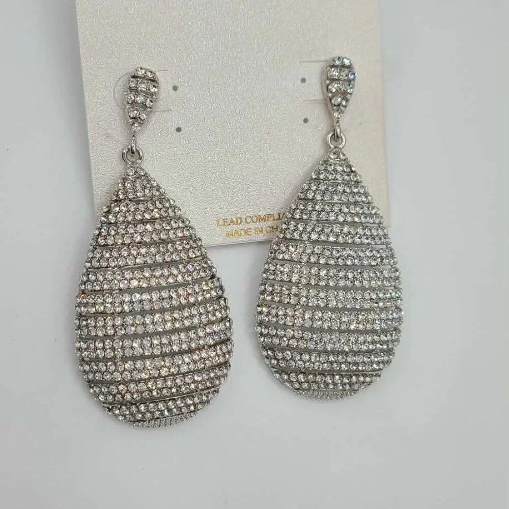 Natasha Large Long Silver Tone Crystal Earrings NWT!